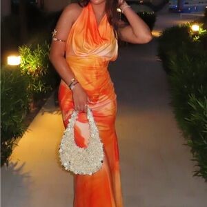 Elegant Orange Floral Halter Dress